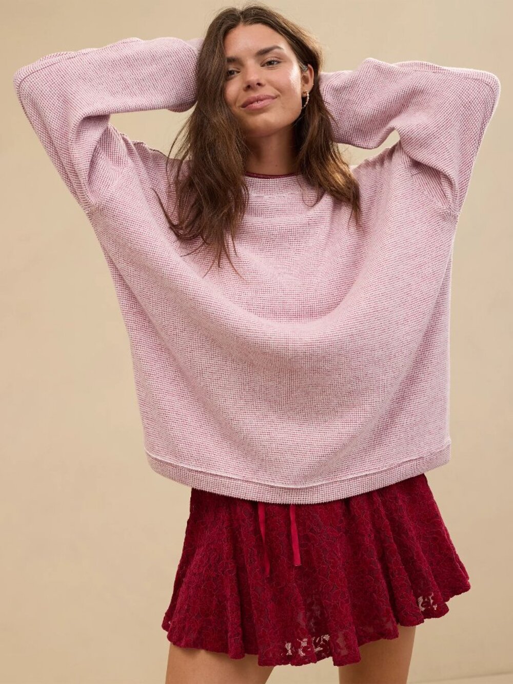 AERIE Getaway Waffle Sweatshirt Sweater Red White Small Pullover Relaxed Loose
